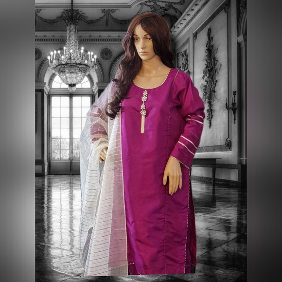 Pakistani Indian salwar kameez/ 3 peice salwar kameez suit/ China Raw Silk shirt - Picture 8 of 8